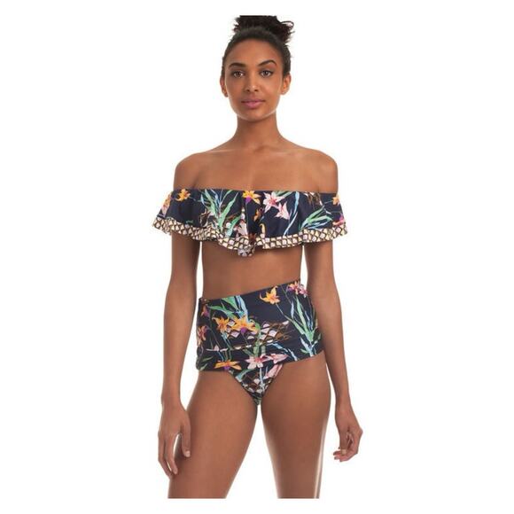 Trina Turk Blue Tropical Fiji Floral Ruffle Top Sz.12 Bottoms Sz.14 NWT - Picture 1 of 16